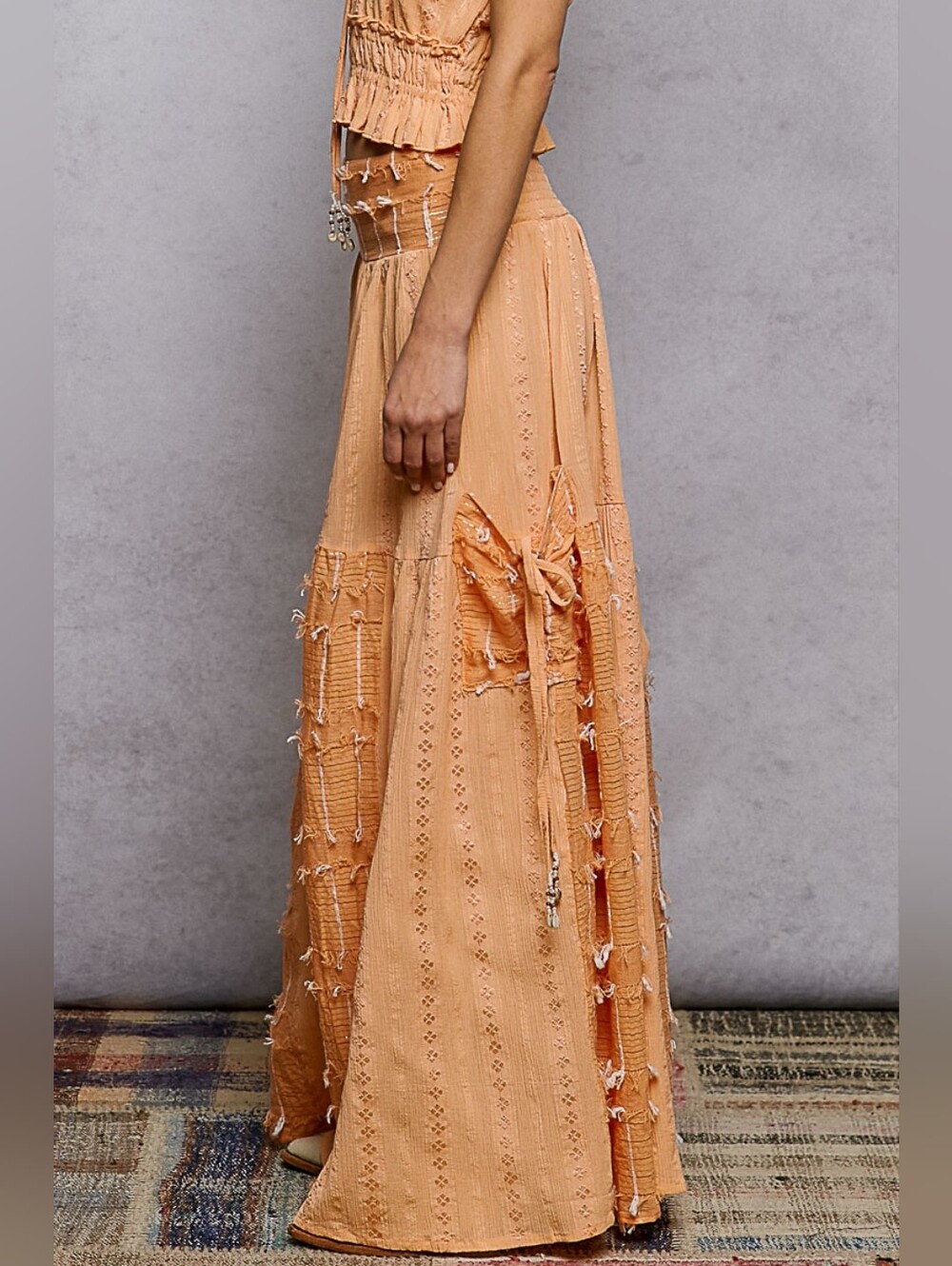 Brand New POL Boho Ruffle Contrast Shell Trim Cotton Wide Leg Pants Size S/M/L